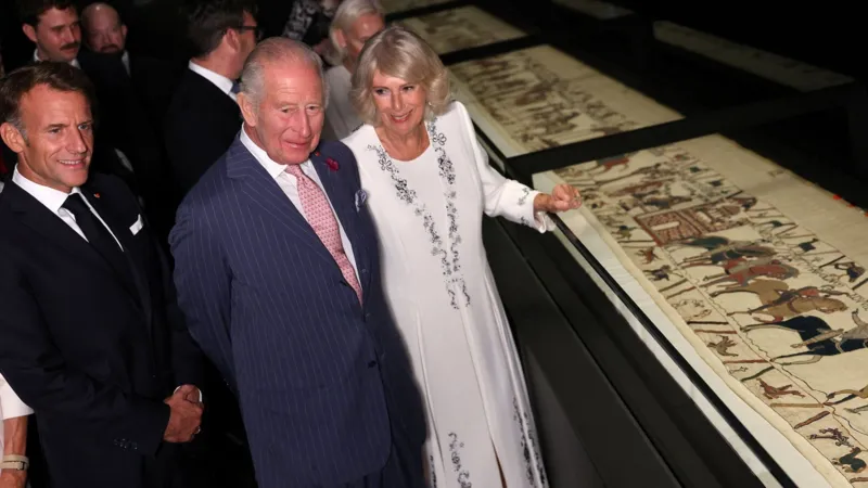 King Charles hails 'unprecedented' Bayeux Tapestry loan as Macron and Burnham join viewing